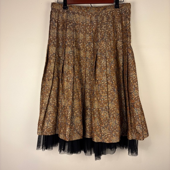 Vintage Gold Brocade Floral Midi Skirt Pleated Sheer Black Trim - Picture 1 of 7